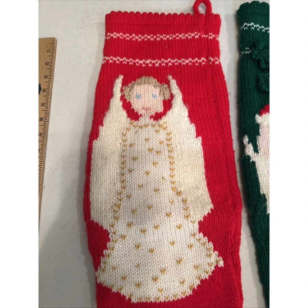 Hand Knit CHRISTMAS Stockings SANTA 3-D Holly and ANGEL‎ 3-D Wings XL 27